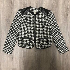 Cache Women's Size 2 Wool Blend Cropped Jacket Black White Houndstooth Blazer